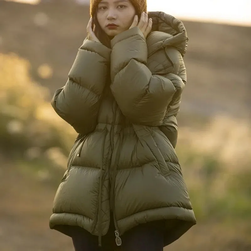 

Winter 85% White Goose Down Jacket Hooded Loose Casual Waist Down Jacket Knee Length Solid Color Long Sleeved Women's Coat