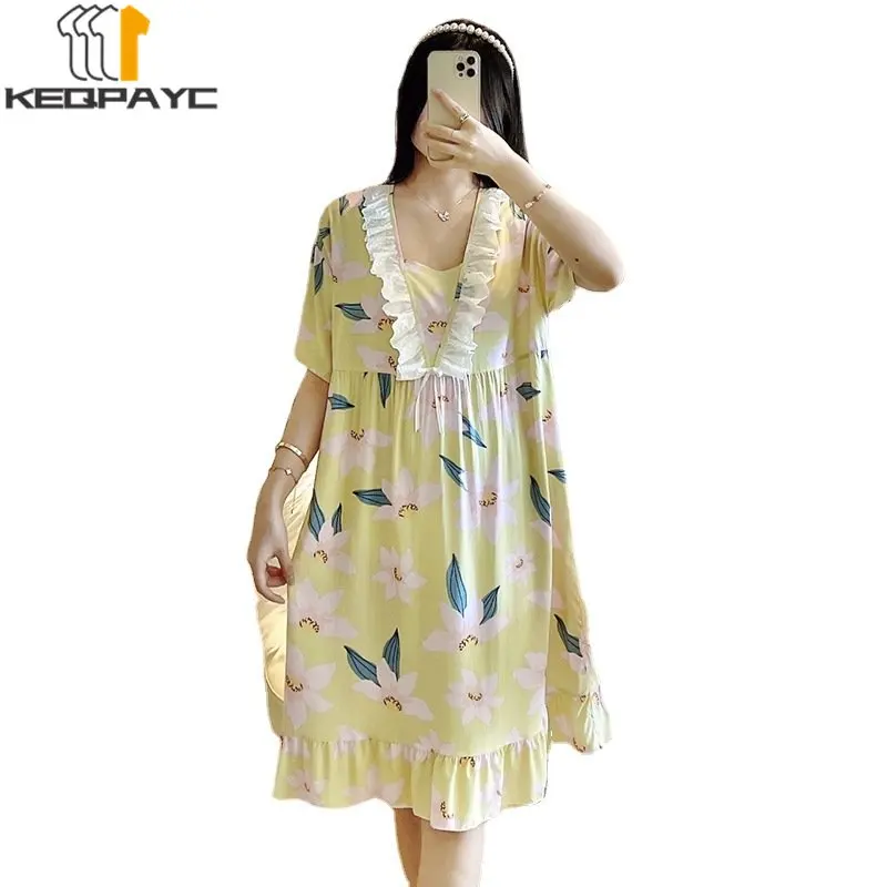 New 2023 Women's Sweet Nightgowns Spring Summer Women Short Sleeve Cartoon Floral Thin Sleeping Dress Sleepwear Casual Pajamas