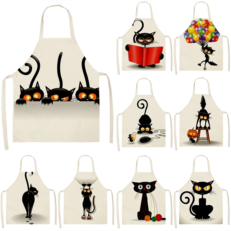 

Black Cute Cat Pattern Kitchen Sleeveless Apron Home Linen Bib Women Cleaning Apron Home Cooking Home delantal