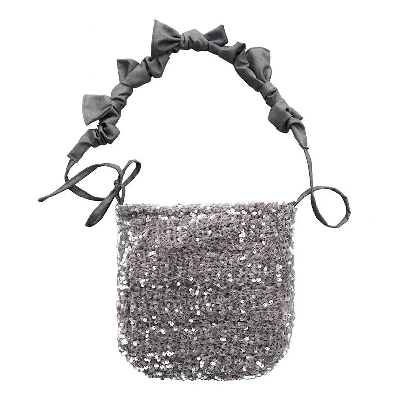 

Silver Grey Sequins HandBag Wedding Party Evening Clutch Bags Female Travel Holiday Bow Straps Shoulder Bag Designer Purse