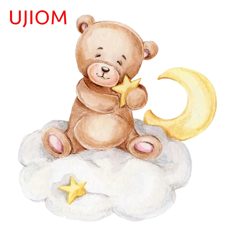 

UJIOM 13cm x 12.6cm Cartoon Teddy Bear Sleeping on The Moon and Stars Car Sticker Occlusion Scratch Decal Waterproof Car Lable