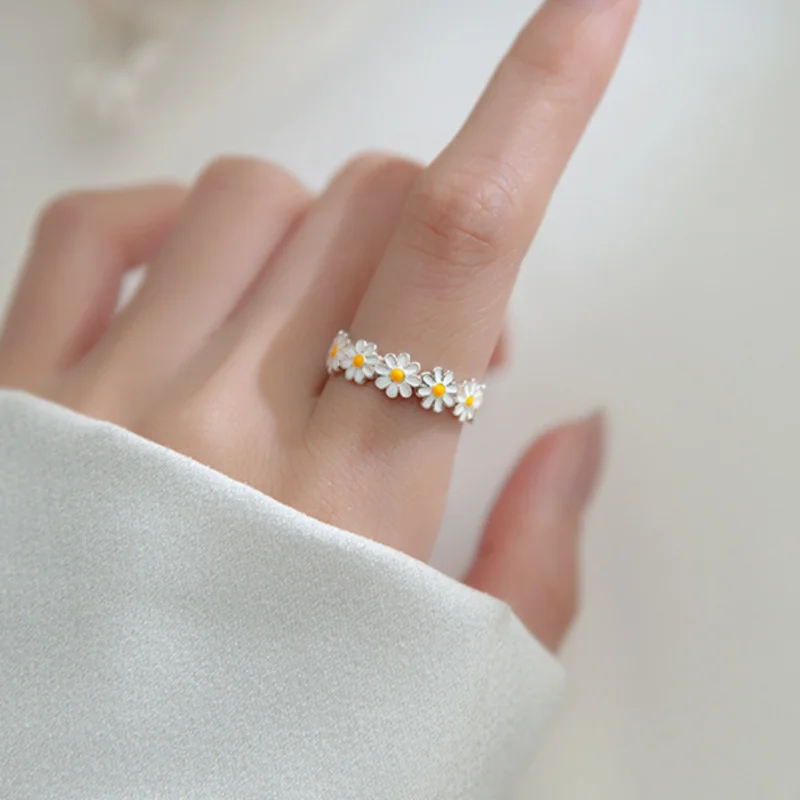 Korean Style Adjustable Opening Finger Ring Bride Wedding Engagement Statement Jewelry Gift Vintage Daisy Flower Rings For Women