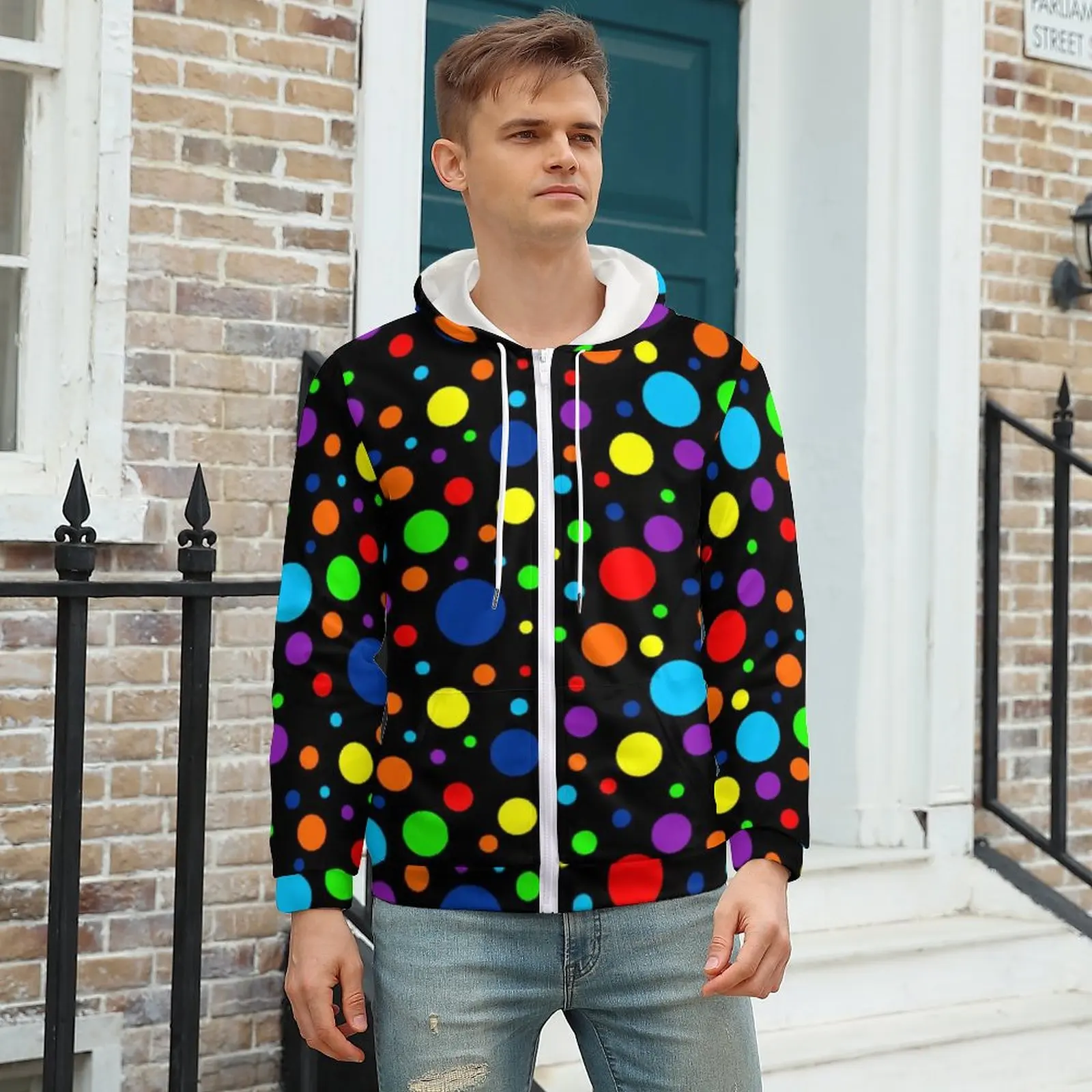 

Vintage 80S Polka Dots Hoodie Dark Rainbow Spots For Man Autumn Hoodies Casual Zip Up Hoodie Over Size