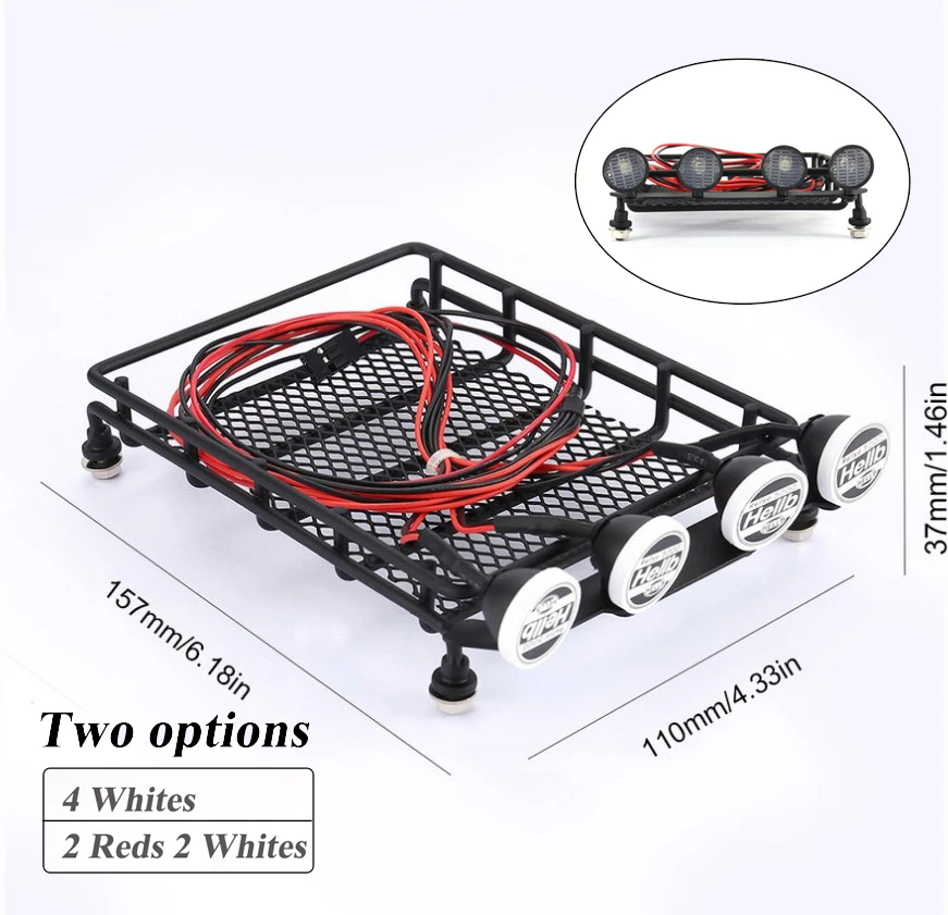 

4LED RC Car Metal Roof Rack Luggage Carrier With Round Lights Lamp Universal for Truck Basket TAMIYA CC01 AXIAL SCX10 4WD Part