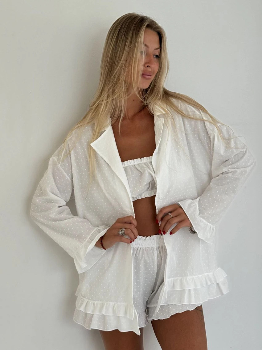 Marthaqiqi Хлопковая женская пижама костюм из трех предметов халат с длинными