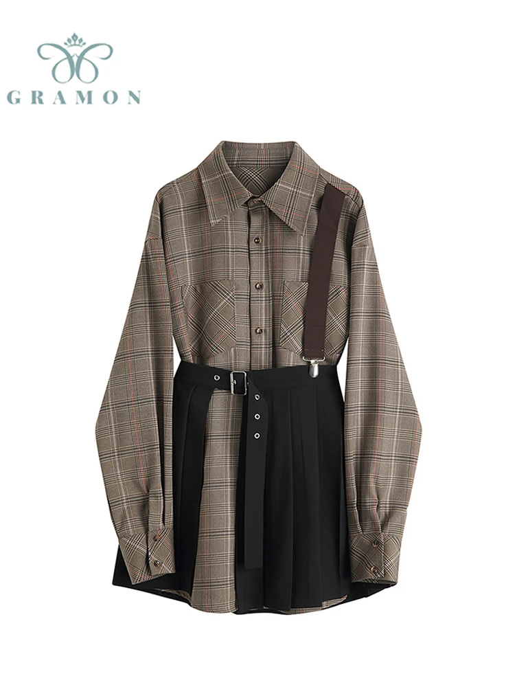 

2022 Autumn Korean Preppy Style 2 Piece Set For Women's Long Sleeve Vintage Plaid Shirt + Black Strap Pleated Skirt Female