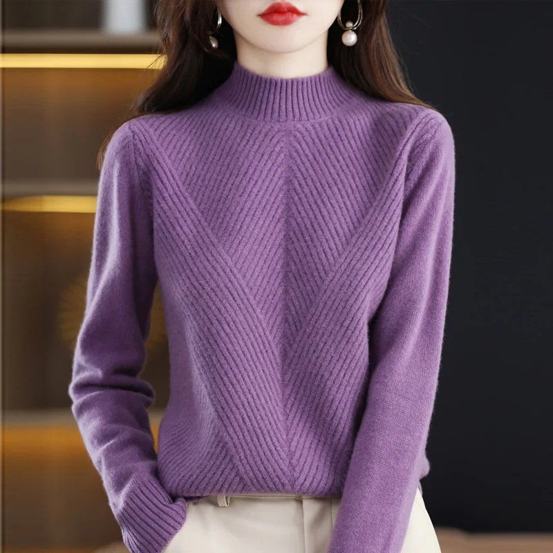 

Свитер с высоким воротником, женские топы, вязаный осенне-зимний свитер из 100% шерсти, толстый теплый фиолетовый Повседневный Женский пуловер, женская одежда