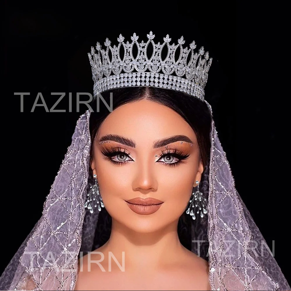 Фото TAZIRN полностью кубический цирконий, свадебные большие круглые короны и диадемы, головной убор принцессы и королевы с цирконием, аксессуары для волос, подарок для женщин №2