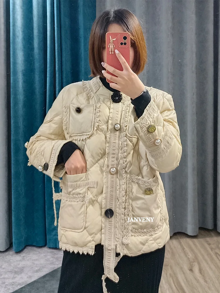

Janveny 2022 Luxury Vintage Winter Round Neck Button Up Fluffy Puffer Jacket Women Loose Fit Windproof Duck Down Warm Short Coat