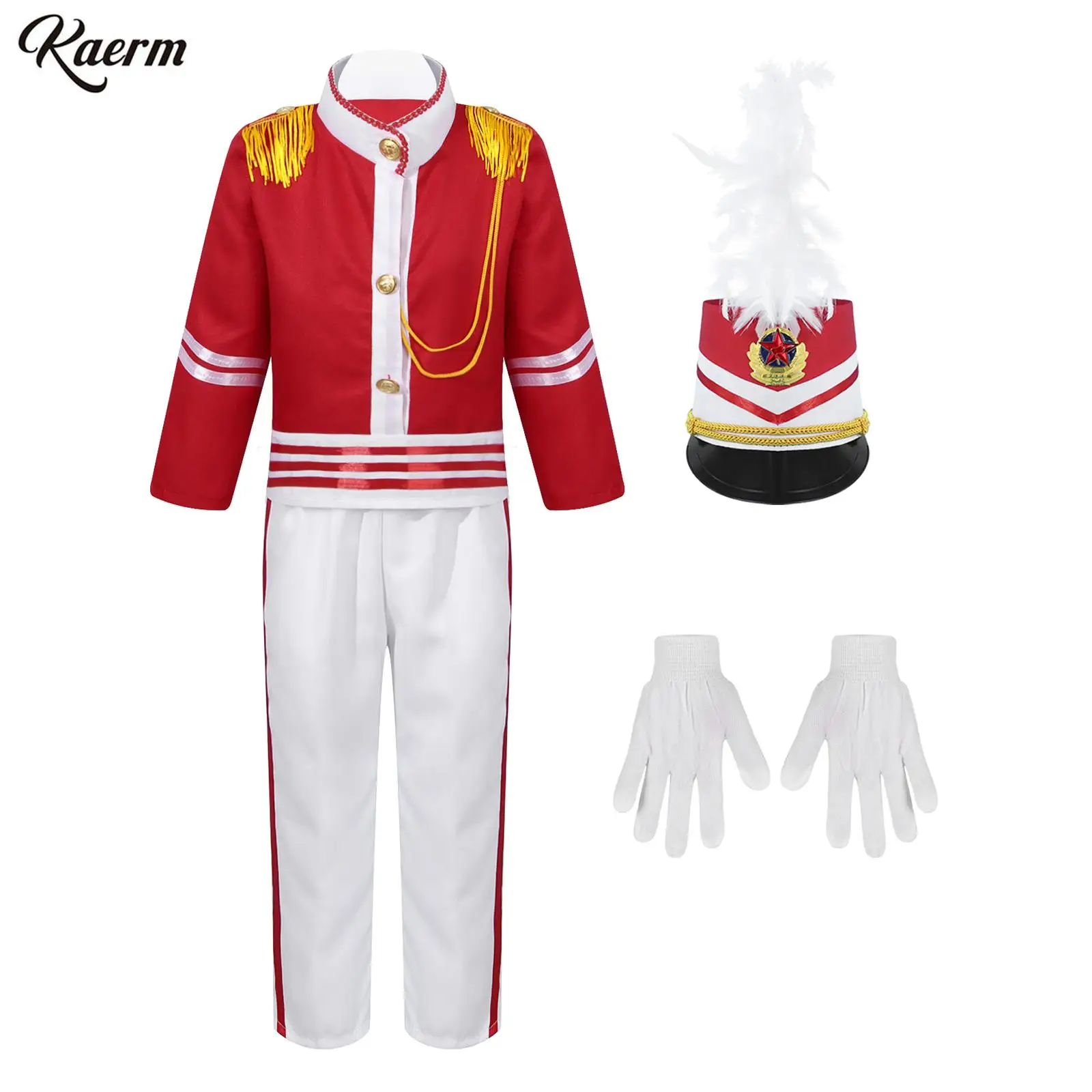 

Unisex Girls Boys America Drum Majorette 4 Pieces Costume School Stage Performance Red Marching Band Uniform Dress Up