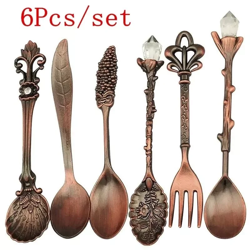 

6pcs/lot Vintage European Royal Coffee Tea Spoon Fork Ice Cream Flatware Tableware Kitchen Accessories Party Wedding Decoration