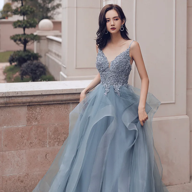

2022 Summer New Lady Elegant Spaghetti Strap Evening Dress Fashion Sequin Sexy V-Neck Backless A-Line Banquete Party Dress Gown