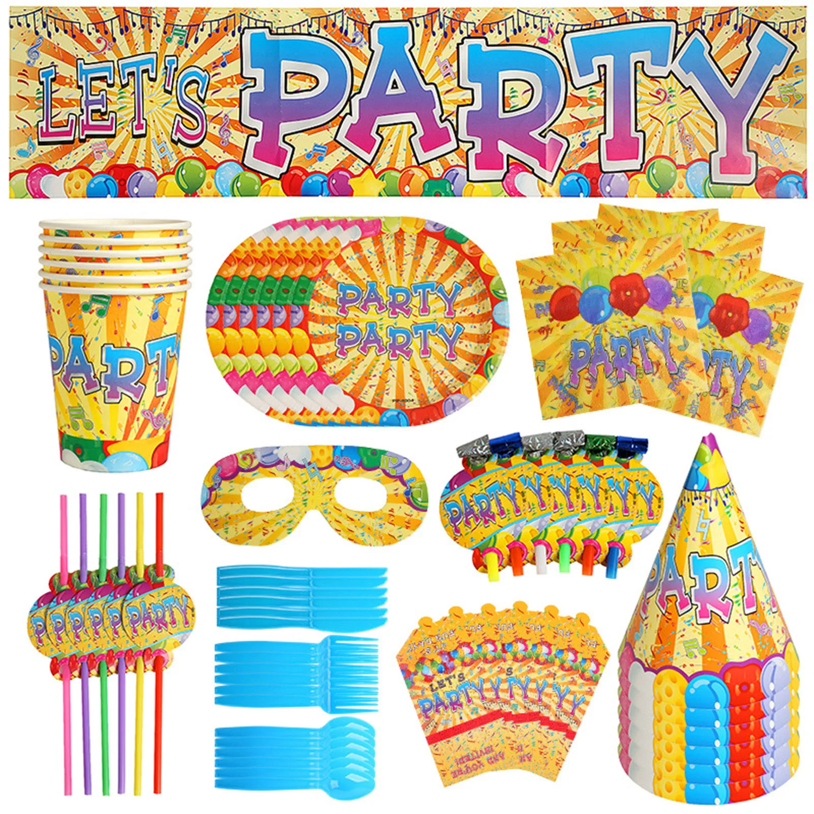 

Party Supplies Plate Cups Spoons Forks Napkins Knives Straws Hat Banner Eye Covers Blowing Horn Toys Invitation Cards Birthday