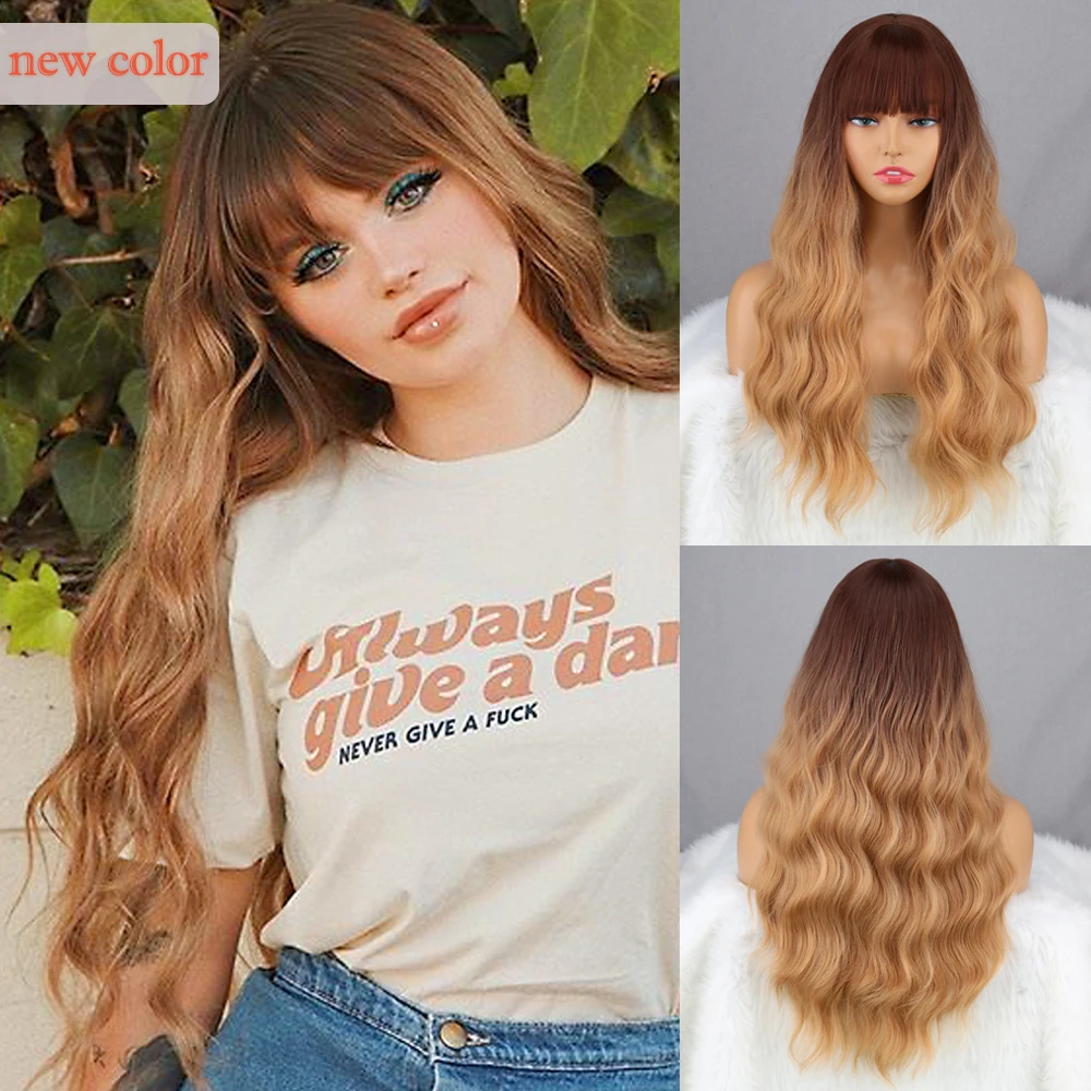 

Темно-коричневый светильник-коричневый Омбре черный длинный волнистый парик с челкой волнистые теплое синтетическое волокно естественная...