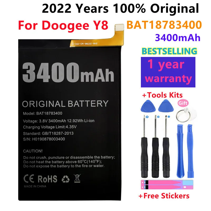 

2022 Years 100% Original For Doogee Y8 Replacement Batteries Rechargeable Li-polymer BAT18783400 3400mAh Tested+Repair tools