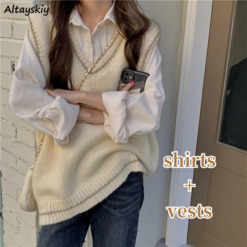 

Женский весенний комплект из 2 предметов, новые мешковатые простые рубашки в стиле преппи для молодых девушек, свитер с V-образным вырезом, м...