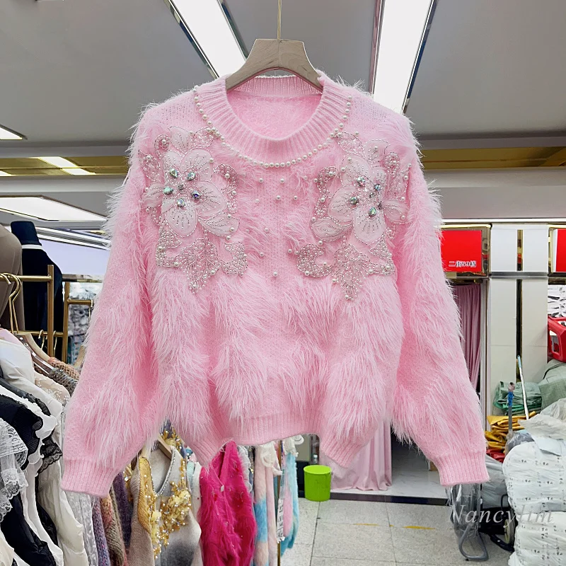 

Autumn and Winter Sweater Woman 2023 New Beaded Sequins Round Neck Solid Color Faux Mink Cashmere Sweater Knitwear Top Femme