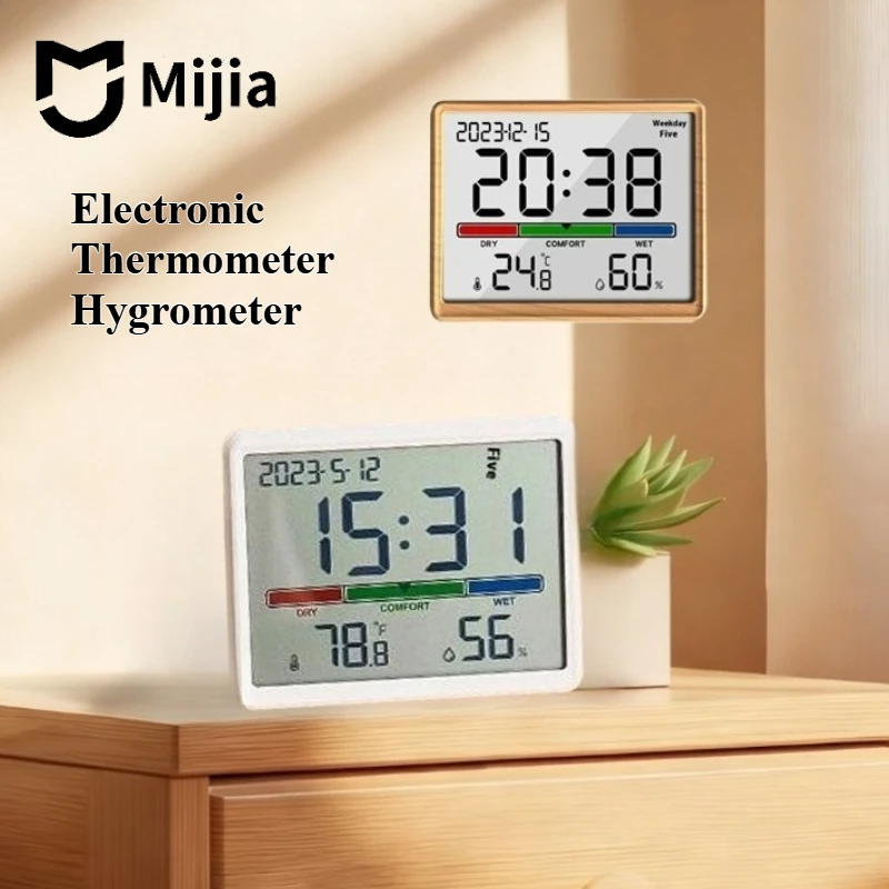Фото Электронный термометр-гигрометр Mijia, метеостанция высокой точности с функцией настольных часов, цифровой ЖК-дисплей, датчик для помещений №1
