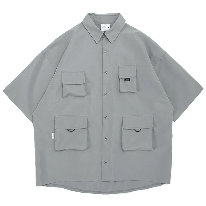 

Summer Men Cargo Short Sleeve Shirt Hip Hop Vintage Multi-Pocket Blouse Streetwear Harajuku Oversized Fashion Casual Male Shirts