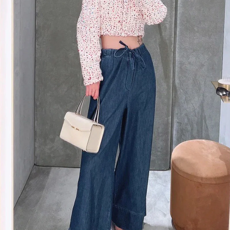 

22 Summer Elastic Thin Denim Waistband Wide Leg Pants Women Casual Blue Wide Hem Trousers Luxurious V Hardware Straight Trouser