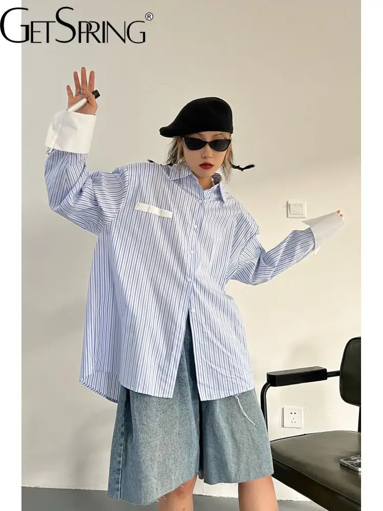 

GetSpring Women Shirt Striped Patchwork Fashion Ladies Blouse Loose Leisure Long Female Top Full Sleeve Lazy Summer Top 2022 New