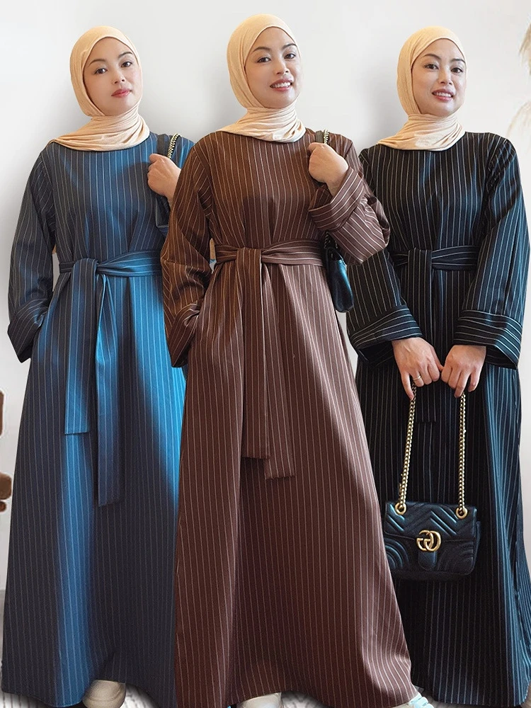 

Eid Abaya Dubai Striped Muslim Hijab Dress Diagonal Bloom Long Belted Abayas for Women Turkish Dresses Elegant Islam Kaftan Robe