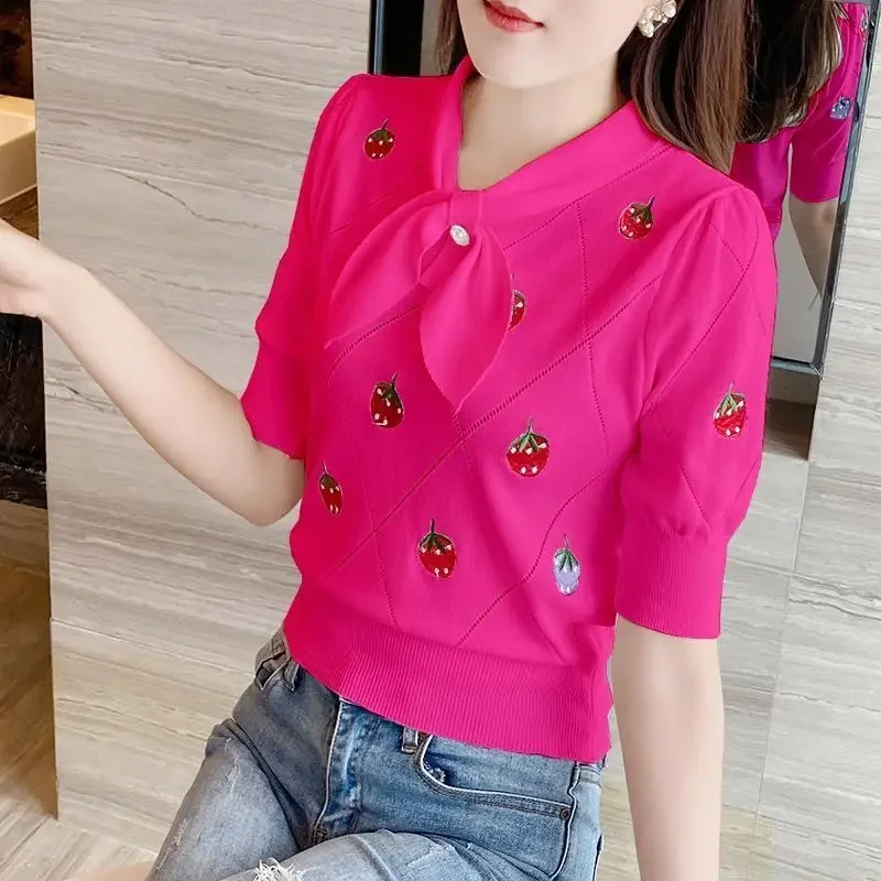 Модная блузка с принтом на шнуровке пышными рукавами и бантом женская одежда