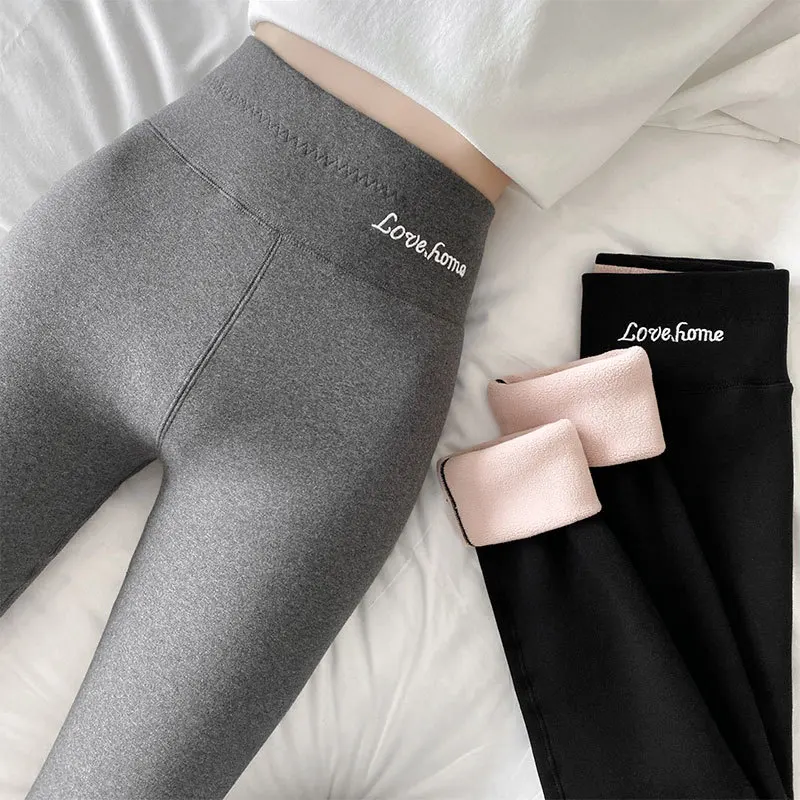 Cotton Leggings Women Winter Thickening Lamb Velvet High Waist Embroidery Black Warm Pants Hip Lift Thin Leg Elasticity Slim-fit