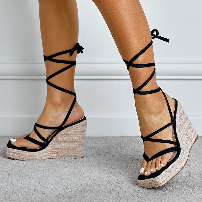 

Fashion Roman Style Cross Straps Slope With Sandals Hemp Strips Thick Bottom Fish Mouth Super High Root Muffin Bottom Sandals