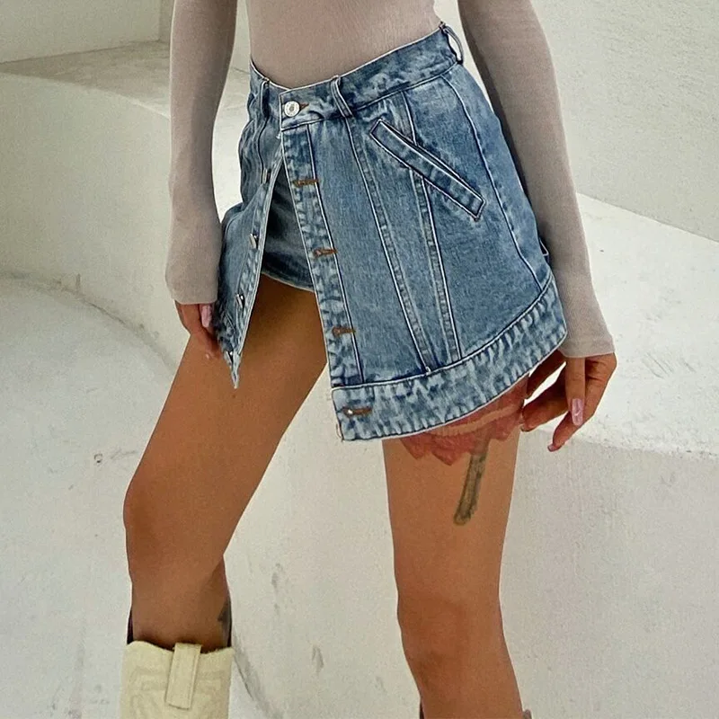 Fashion Chic Irregular High Waisted Shorts Skirts 2021 Women Single Breasted Ladies Denim Shorts Spring Summer Shorts Streetwear