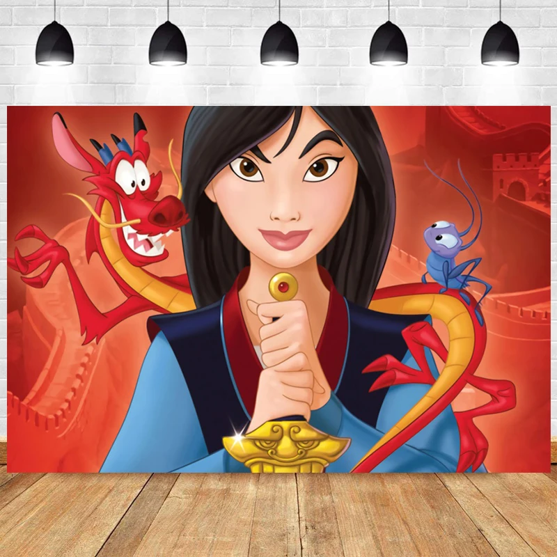 

Disney Custom Brave Princess Mulan Baby Shower Girl Red Dragon A Double-edged Swor Photo Backdrop Cartoon Birthday Background