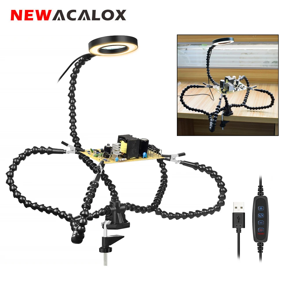

NEWACALOX Soldering Helping Hand Third Hand Tool with 3X Magnifier 4 Flexible Arms Table Clamp PCB Holder for Electronics Repair