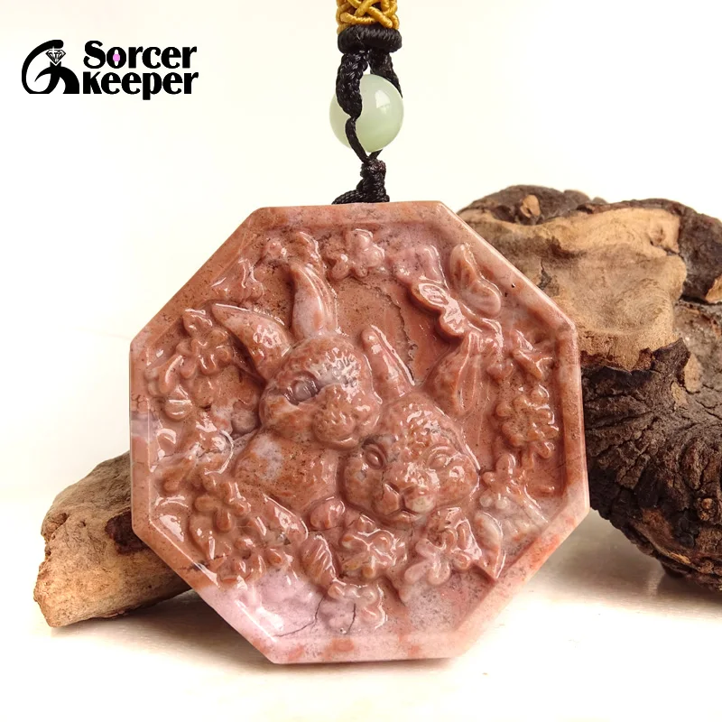 

Cute Easter Day Rabbit Hand Carved Rhodonite Jade Pendant Necklace Accessories For Men Women Gift DIY Handcrafts Jewelry BH702