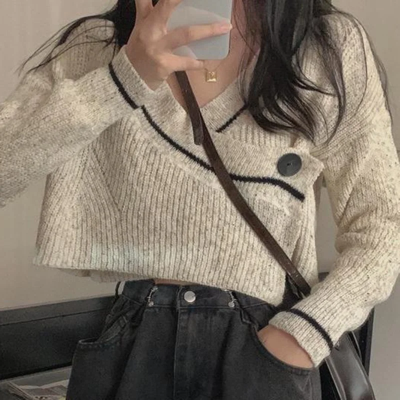 

2023 Vintage Cropped Single Button Knitted Sweater Lazy Sueter Mujer Jumper Y2k Top V Neck Pullover Sweaters Striped Coat Women