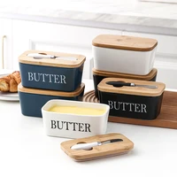 nordic butter box sealing with wood lid knife food dish ceramic keeper tool cheese storage tray plate container for kitchen