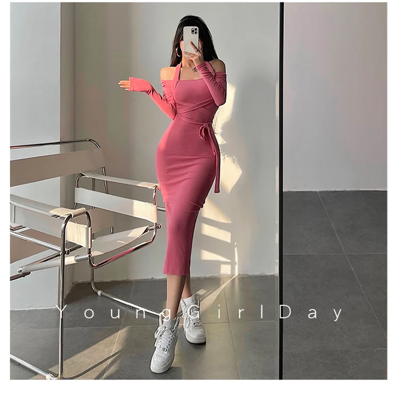 

Women's 2023 Fashion New Style European-American Sexy Self-cultivation Bandage Split Medium and Long Wrap The Buttocks Dress