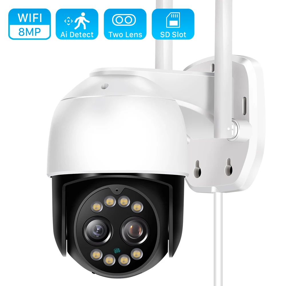 4K 8MP PTZ IP-камера с двумя объективами 8-кратный зум WiFi Наружная камера видеонаблюдения 2K 4MP CCTV Видеонаблюдение AI Обнаружение человека ICsee Alexa