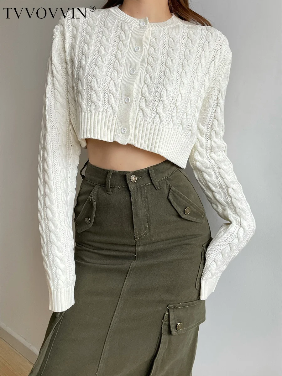 

TVVOVVIN осень-зима 2023 новый вязаный кардиган женский облегающий однобортный свитер с круглым вырезом и коротким рукавом CHYA