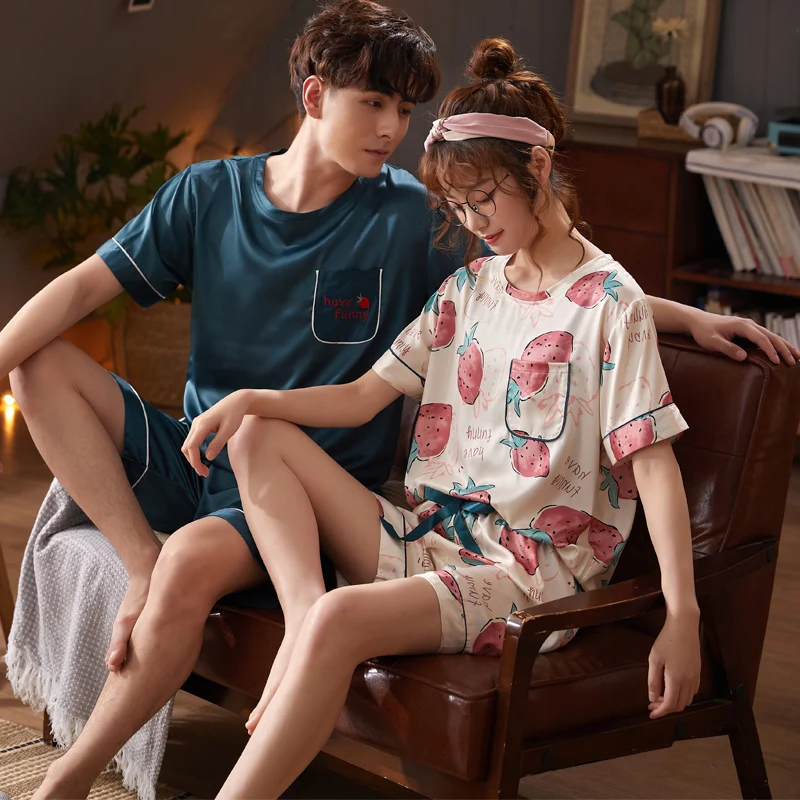 

New Silk Pajamas for Couple Sweet Leopard Pyjamas Woman Elegant Short Sleeve Short Pant Homewear Men Casual Sleepwear Sets
