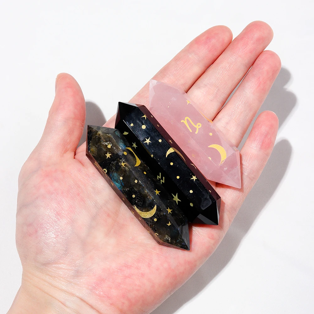 

Natural Crystal Energy Stone Tower Random Pick Twelve Constellation Double Point Carved Labradorite Obsidian Rose Quartz Column