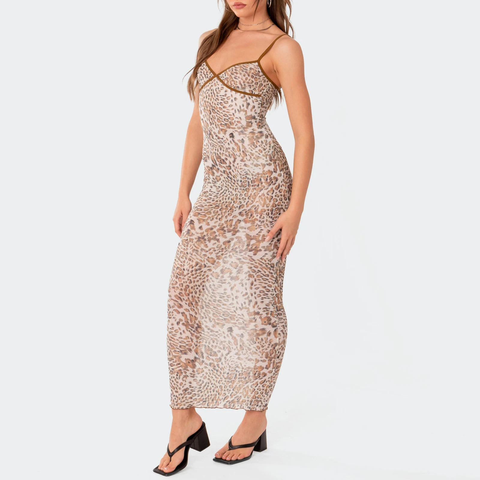 Женское облегающее летнее платье без рукавов с леопардовым принтом и открытой