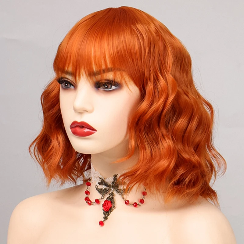 TALANG Short Orange Wig Synthetic Wigs with Bangs for Women Wine red Water Wave Natural Bob Wigs Heat Resistant False Hair