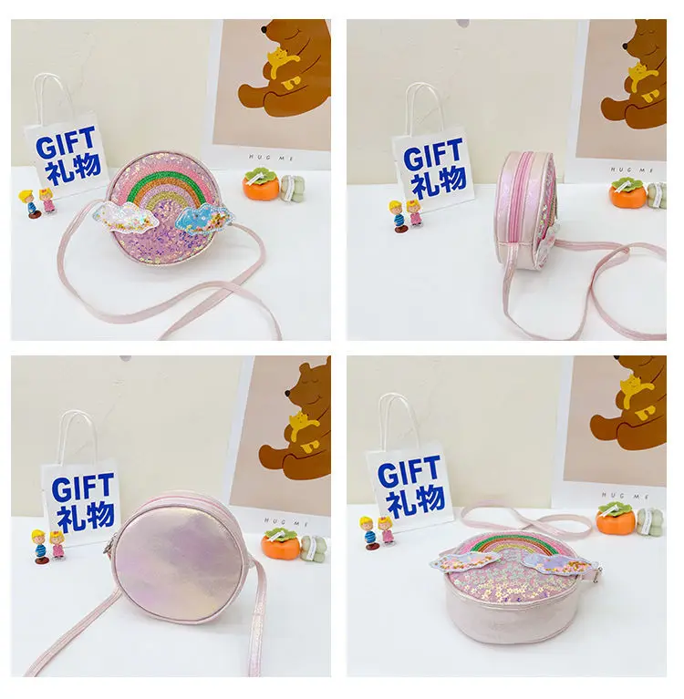 Cute Rainbow Children's Shoulder Bags Lovely Pink Baby Girls Sequins Messenger Bag Princess Accessories Small Round Handbags