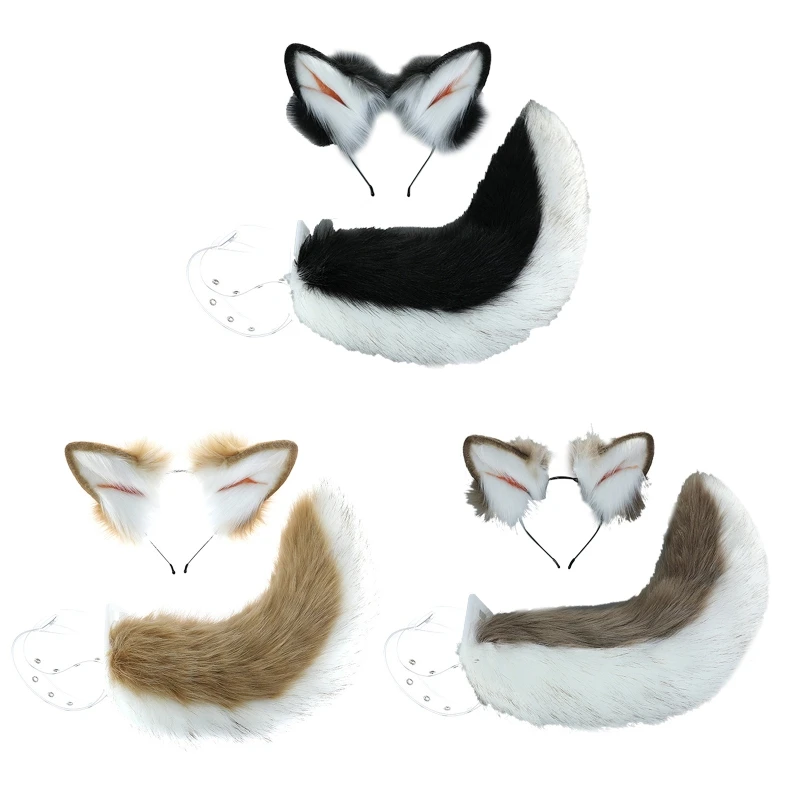 

41QC Simulation Animal Ears Animal Tail Suit Shiba Inu Ear Headdress Simulation Animal Plush Tail for Masquerade Ball