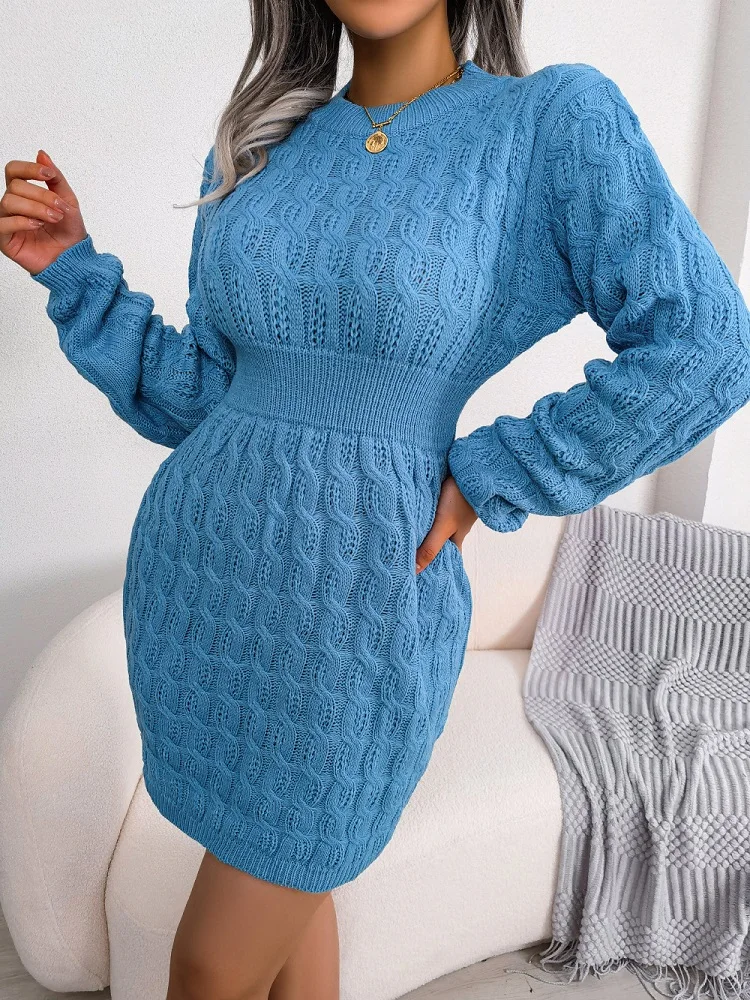 

Autumn Winter Women Sweater Dress Sexy Slim Long-sleeved Round Neck Knitted Dress Twist Hedging Knitted Sweater Skirt Vestidos
