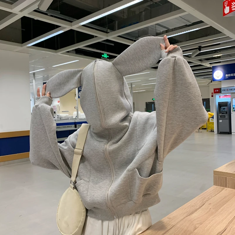 

Fashion Hoodie Kawaii Streetwear Women's Bunny Ears Clothing Oversized Zipper Beauty Korean Style Loose Fashion Long Sleeve Top