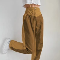 streetwear patchwork high waist corduroy pants ladies casual straight womens trousers contrast color baggy pants new harajuku