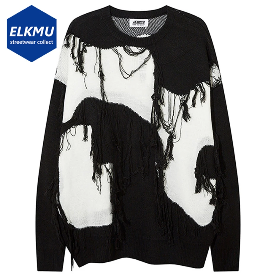 

Black White Patchwork Loose Sweater Tassel Fashion Oversized Hip Hop Knit Sweater Pullover Jumper Fall Winter Knitwear Sweater