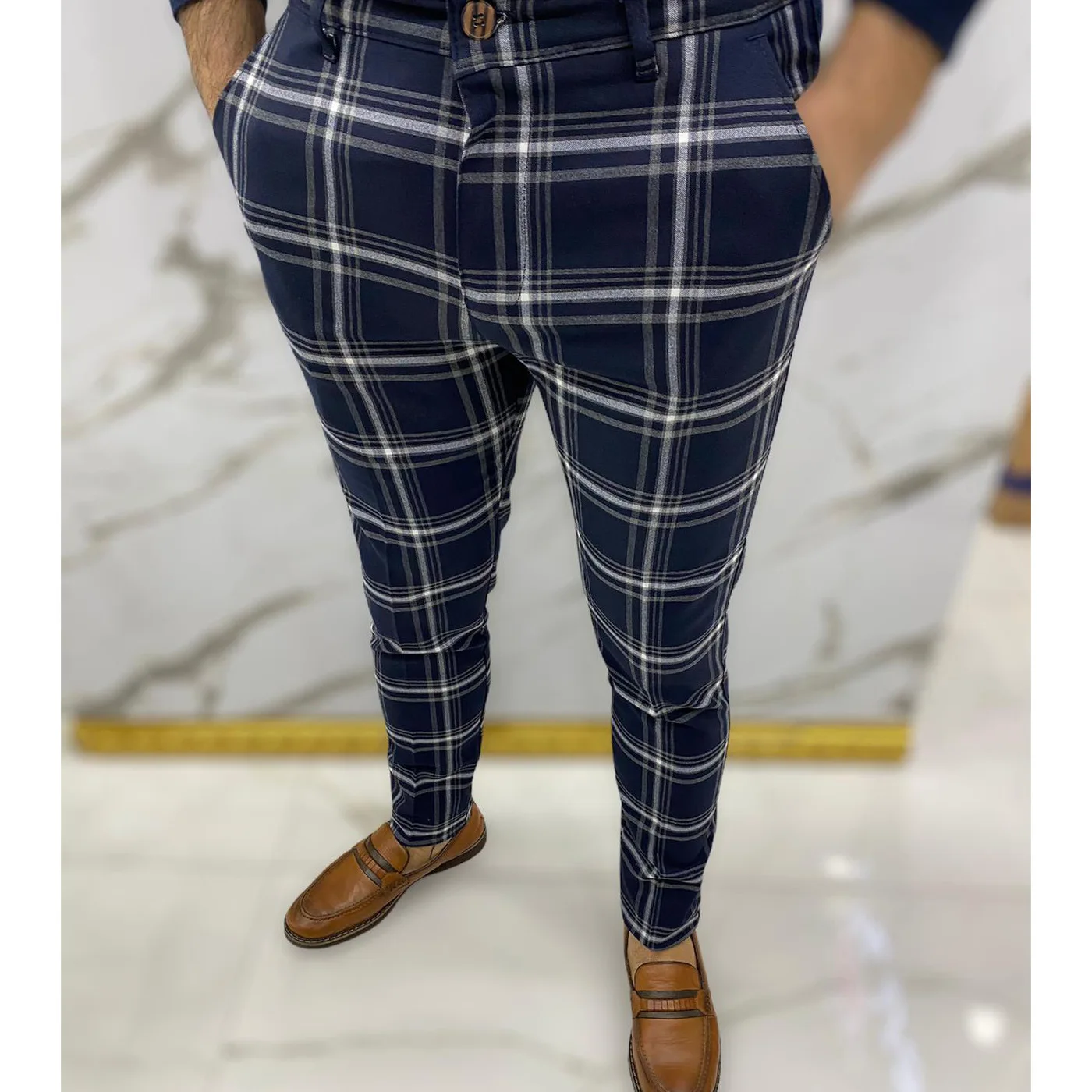 Men's Casual Navy Trousers Skinny Stretch Chinos Slim Fit Plaid Striped Checkerd Pants Male Business Pencil Pants мужские брюки