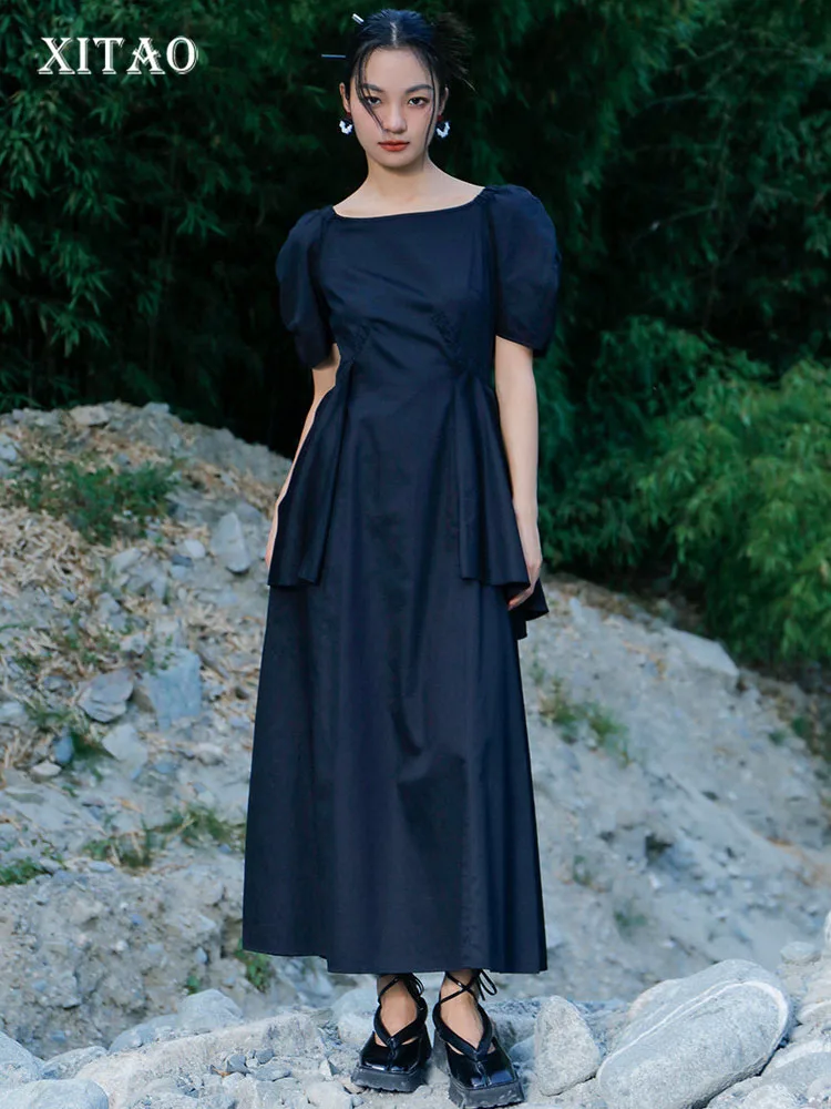 

XITAO Pleated Dress Hem Black Small Fresh Pullover Vintage Short Sleeve Goddess Fan Casual Style 2022 Ankle Length Dress WLD8571